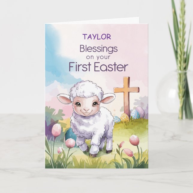 Baby’s First Easter Religious Lamb and Cross Card (Front)