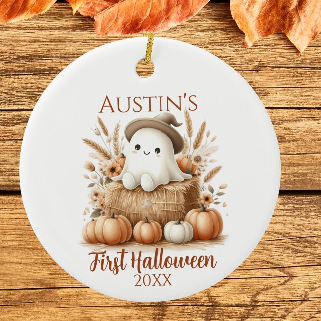 Baby’s First Halloween Ghost with Pumpkins Ceramic Tree Decoration (Baby's First Halloween Boho Ghost & Pumpkin Ornament)