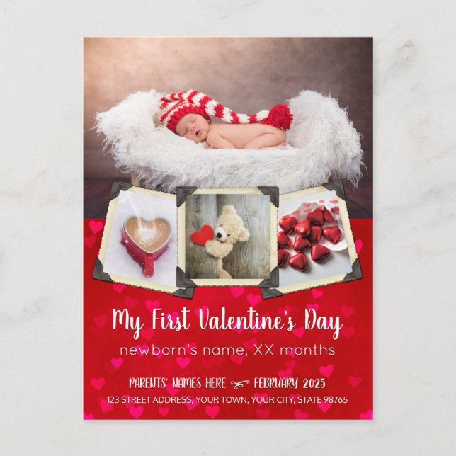 Baby’s First Valentine’s Day Red Hearts Your Photo Holiday Postcard (Front)
