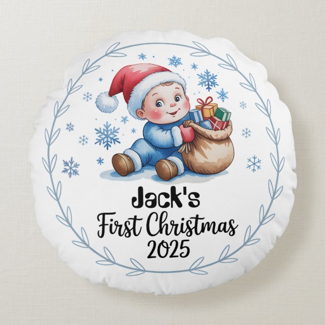 Baby’s First Xmas 2025 Round Pillow – Editable (Front)