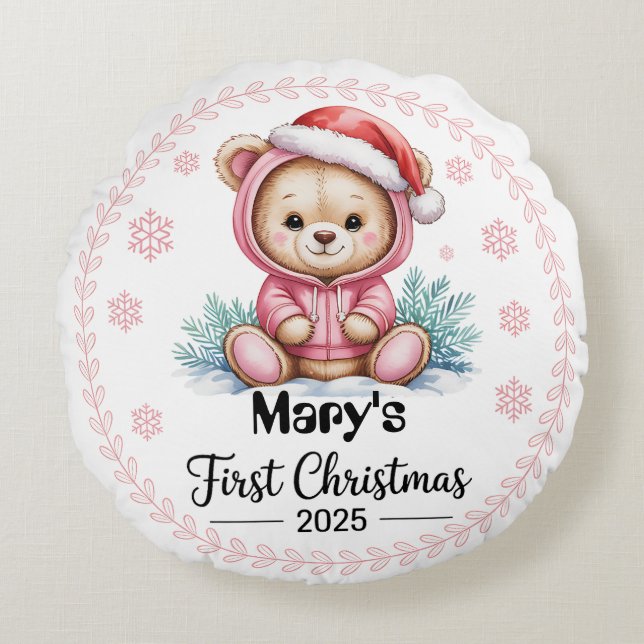 Baby’s First Xmas 2025 Round Pillow – Personalised (Front)