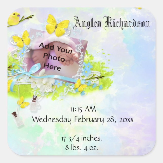 Baby’s Yellow Bird and Butterfly Photo Frame Square Sticker (Front)