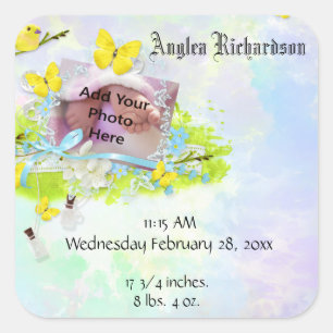 Baby’s Yellow Bird and Butterfly Photo Frame Square Sticker