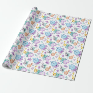 Baby Safari Animals Giraffe Elephant Zebra Hippo Wrapping Paper