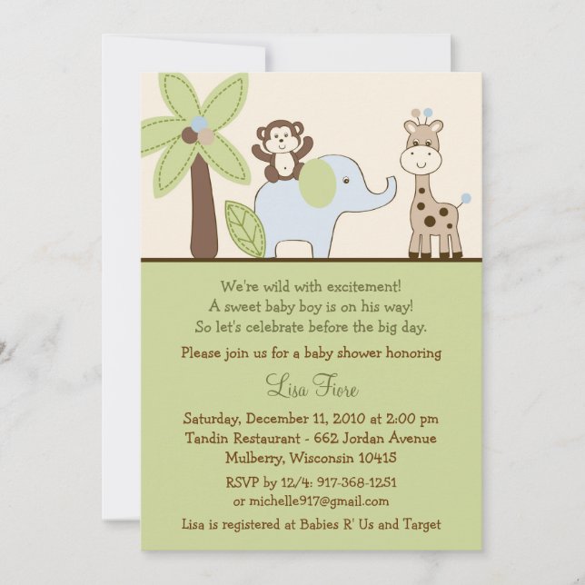 Baby Safari Jungle Animal Baby Shower Invitations (Front)