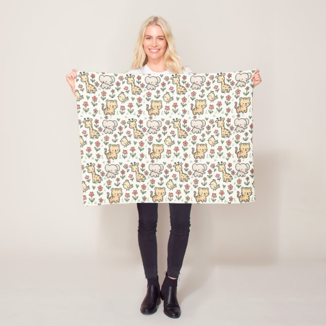 Baby Safari Wildlife With Doodle Flowers Fleece Blanket (In Situ)
