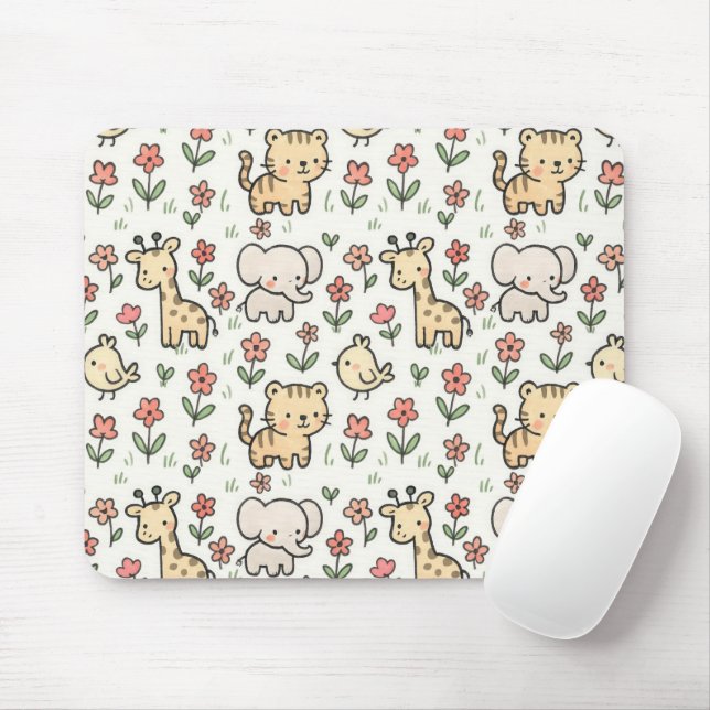 Baby Safari Wildlife With Doodle Flowers Mouse Mat (With Mouse)