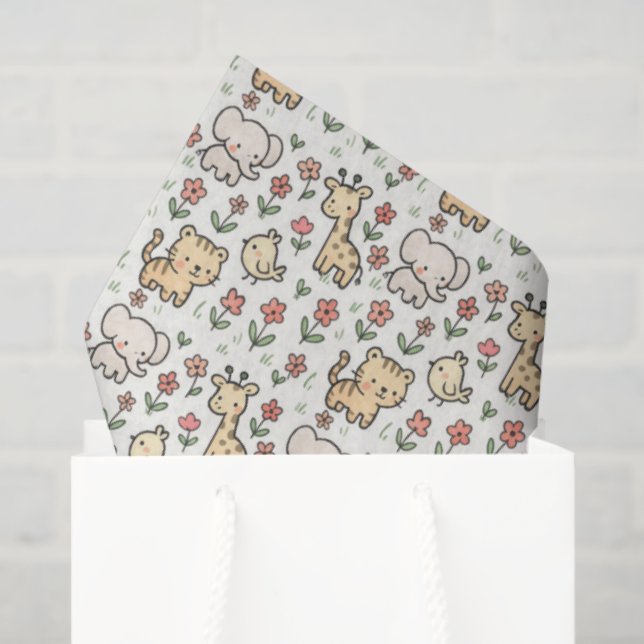 Baby Safari Wildlife With Doodle Flowers Tissue Paper (Gift Bag)