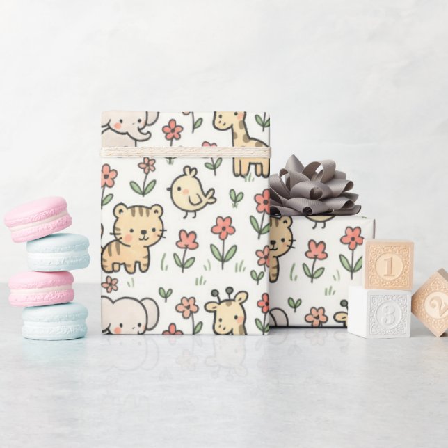 Baby Safari Wildlife With Doodle Flowers Wrapping Paper (Baby Shower)