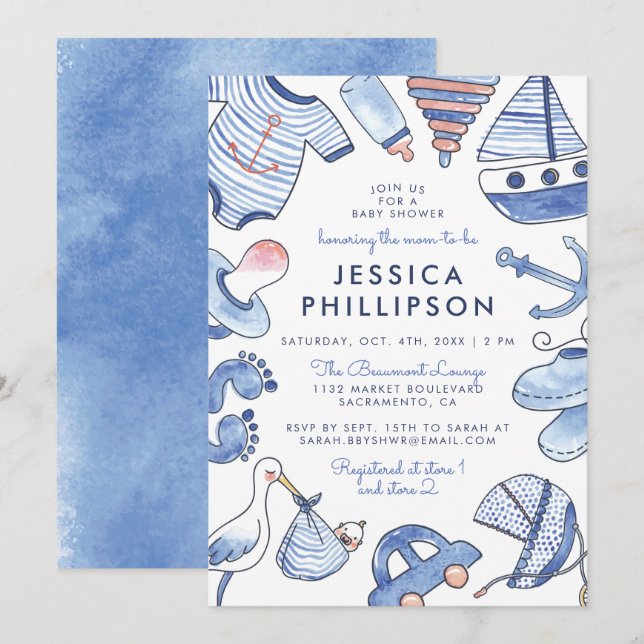 Baby Sailor | Blue Nautical Watercolor Baby Shower Invitation (Front/Back)