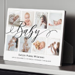 Baby Script Photo Collage Keepsake & Birth Stats Plaque<br><div class="desc">Special baby photo collage keepsake plaque that you'll cherish forever. Display your baby's photos and memories. Our design features a simple 8 photo collage grid design with the baby's name, date of birth, and birth stats. Each photo is framed with a simple faux gold border.</div>