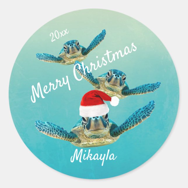 Baby Sea Turtle in Santa Hats Classic Round Sticker (Front)