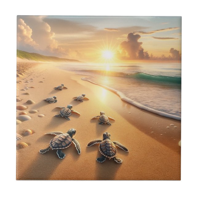 Baby Sea Turtles heading to the Ocean at the Beach Tile (Front)