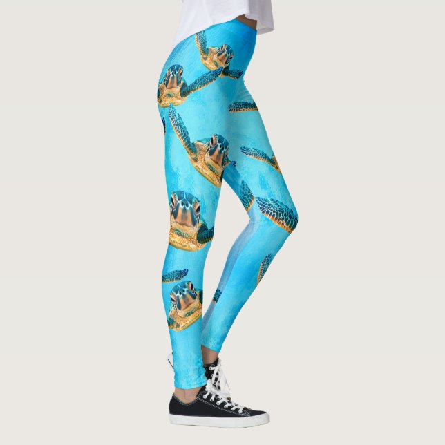 Baby Sea Turtles Swim in Blue Water Leggings (Right)