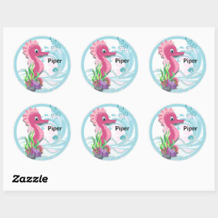 Baby Seahorse   Pink Personalised Round Stickers