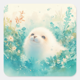 Baby Seal in Turquoise Floral Underwater Garden
