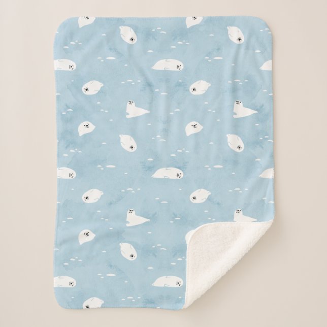 Baby Seal Pattern in Sage blue Sherpa Blanket (Front)