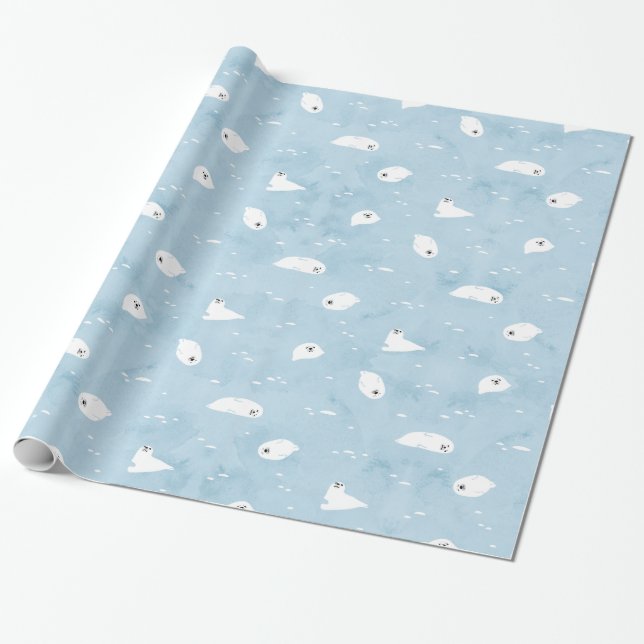 Baby Seal Pattern in Sage blue Wrapping Paper (Unrolled)