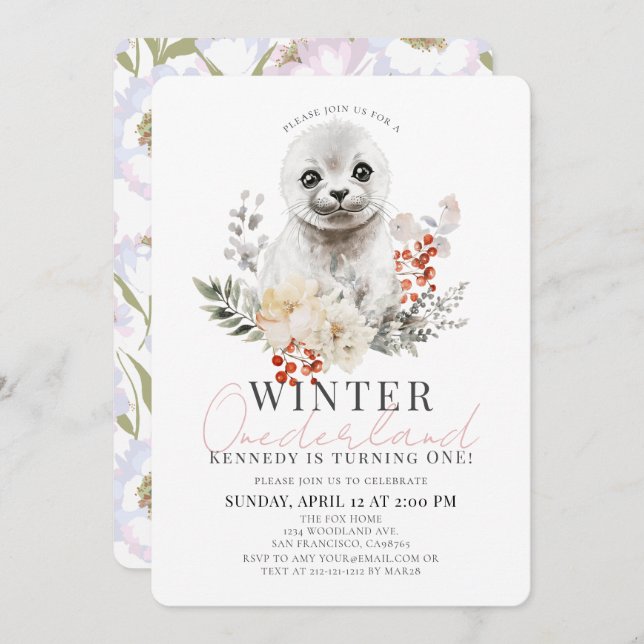 Baby Seal Winter Onederland Girl 1st Birthday Invitation (Front/Back)
