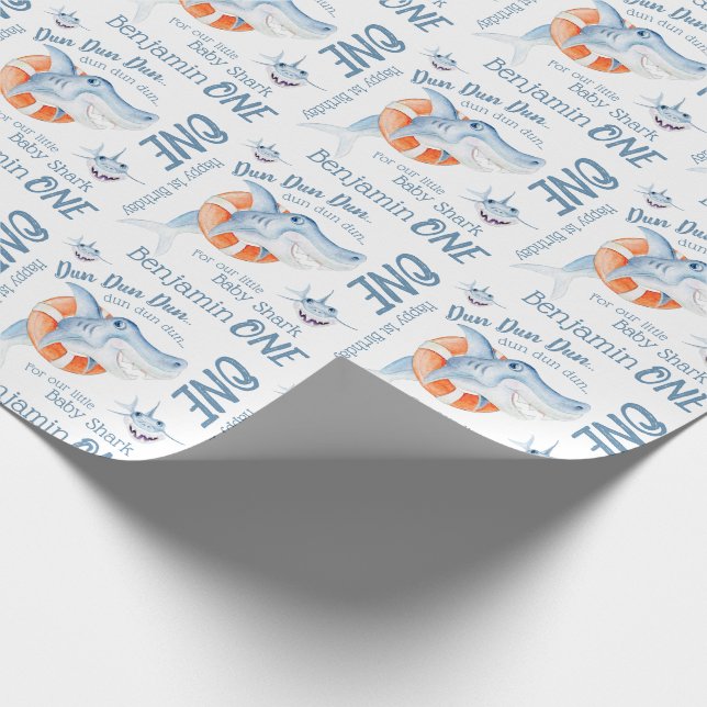 Baby shark 1st birthday custom name watercolor wrapping paper (Corner)