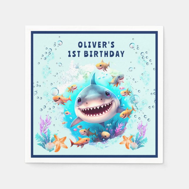 Baby Shark Boy 1st Birthday Party Paper Napkins (Front)
