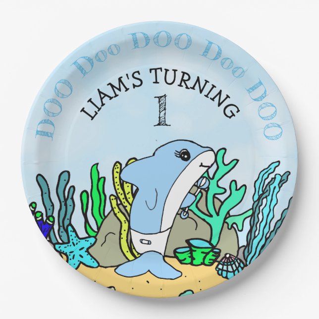 Baby Shark boy's Birthday Party Paper Plate (Front)