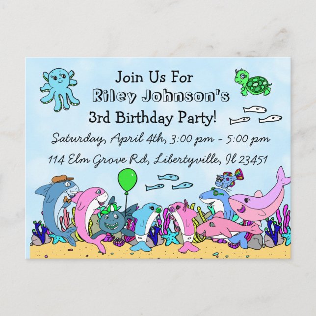 Baby Shark Family Custom Birthday Invitation Postcard (Front)