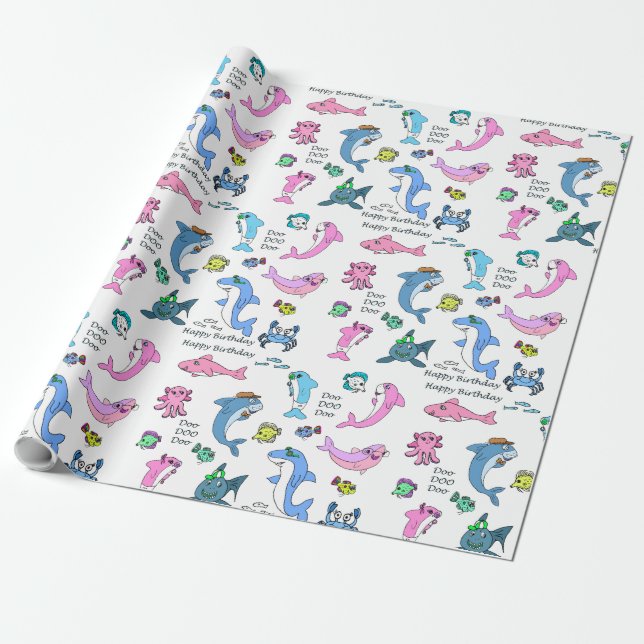 Baby Shark Family Doo Doo Happy Birthday Wrapping Paper (Unrolled)