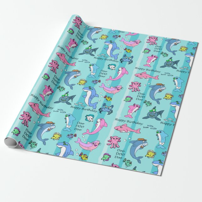 Baby Shark Family Doo Doo Happy Birthday Wrapping Paper (Unrolled)