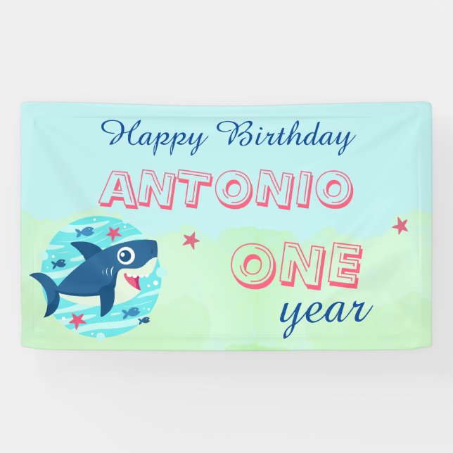 Baby Shark ocean blue cute kids Happy Birthday Banner (Horizontal)