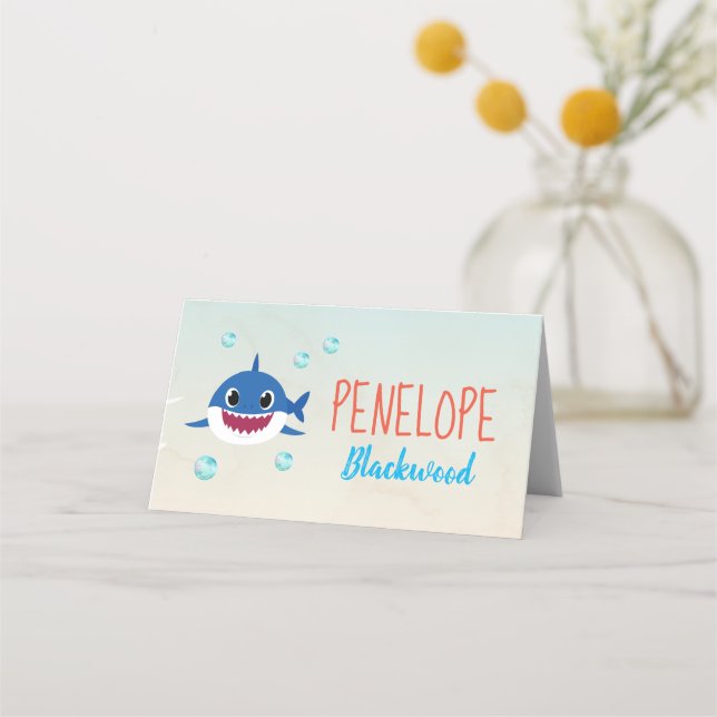 Baby shark party food label, shark place card (Front)