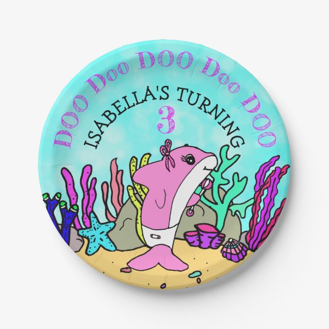 Baby Shark Teal Coral Birthday Party Paper Plate (Front)