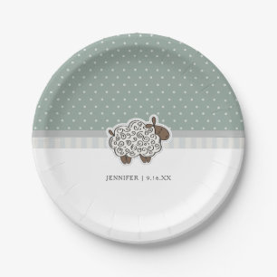 Baby Sheep Green Polka Dot Baby Shower Paper Plate