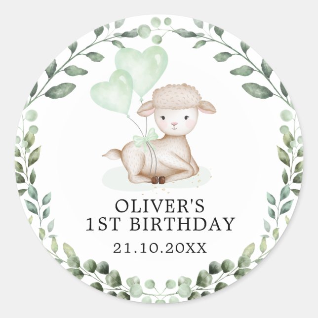 Baby Sheep Lamb Greenery Wreath Neutral Birthday Classic Round Sticker (Front)