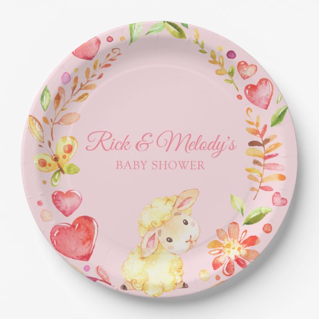 Baby Sheep / Lamb Pink and Yellow Girl Baby Shower Paper Plate (Front)