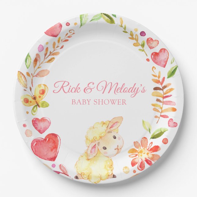 Baby Sheep / Lamb Pink and Yellow Girl Baby Shower Paper Plate (Front)