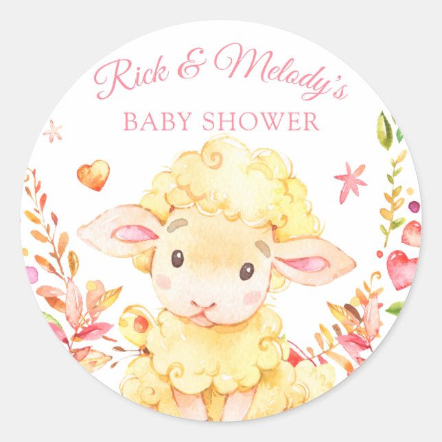 Baby Sheep / Lamb Pink Girl's Baby Shower Classic Round Sticker (Front)