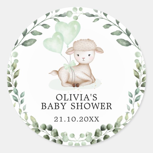 Baby Sheep Little Lamb Greenery Eucalyptus Shower Classic Round Sticker (Front)