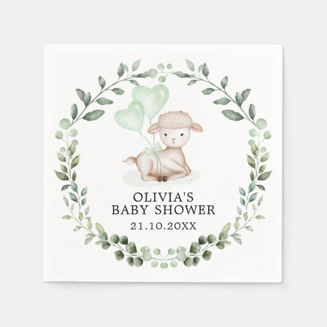 Baby Sheep Little Lamb Greenery Wreath Baby Shower Napkin (Front)