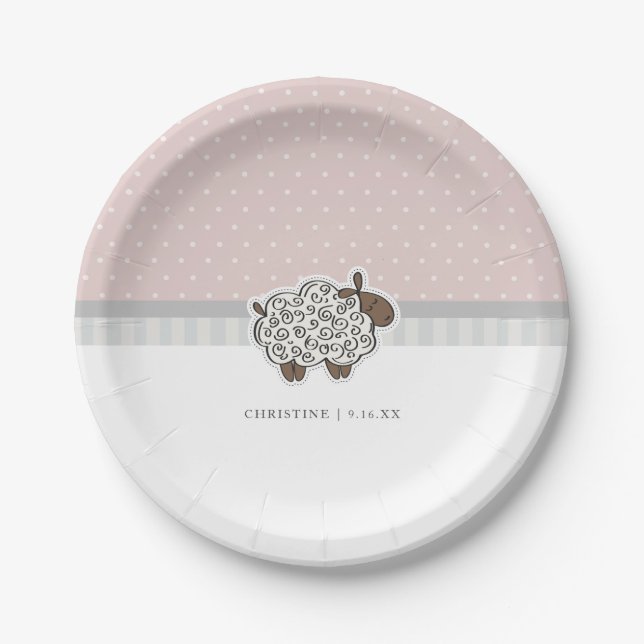 Baby Sheep Pink Polka Dot Baby Shower Paper Plate (Front)