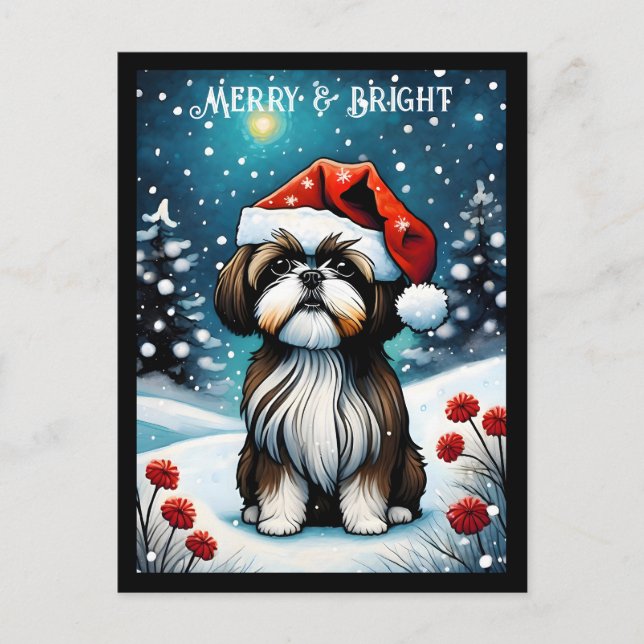 Baby Shih Tzu Snowy Meadow Santa Dog Christmas Postcard (Front)