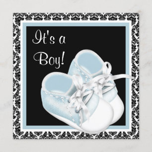 Baby Shoes Black and Blue Damask Baby Boy Shower Invitation