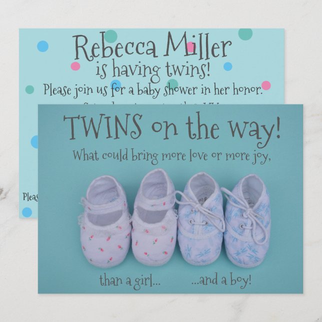 Baby shoes boy and girl twins baby shower invite (Front/Back)