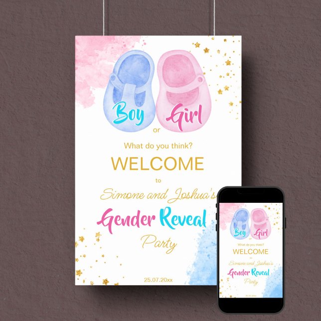 Baby shoes boy or girl gender reveal welcome sign (Gender reveal party welcome sign template poster instant download pink and blue baby shoe gold)
