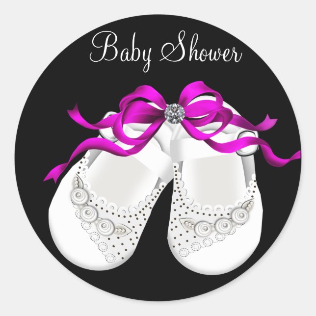 Baby Shoes Hot Pink Black Girl Baby Shower Sticker (Front)