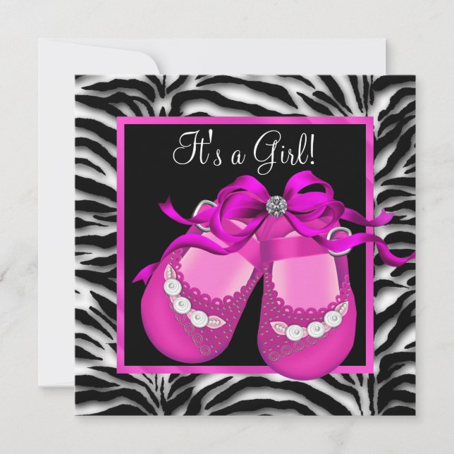 Baby Shoes Hot Pink Zebra Baby Girl Shower Invitation (Front)