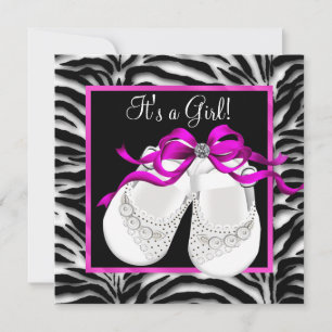 Baby Shoes Hot Pink Zebra Baby Girl Shower Invitation