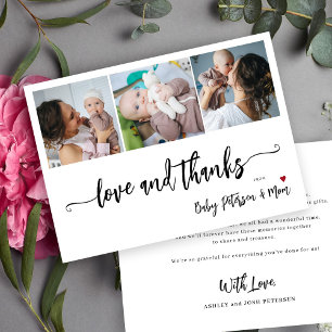 Baby shower 3 photo collage elegant script thank you card