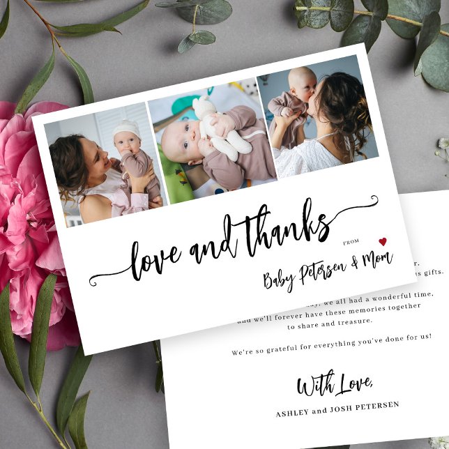 Baby shower 3 photo collage elegant script  thank you card (Creator Uploaded)