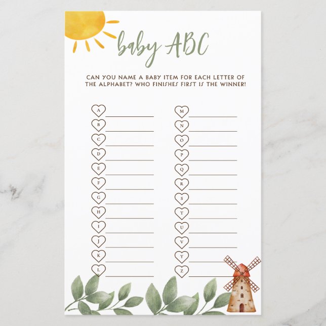 Baby Shower ABC Game Farm Themed (Front)